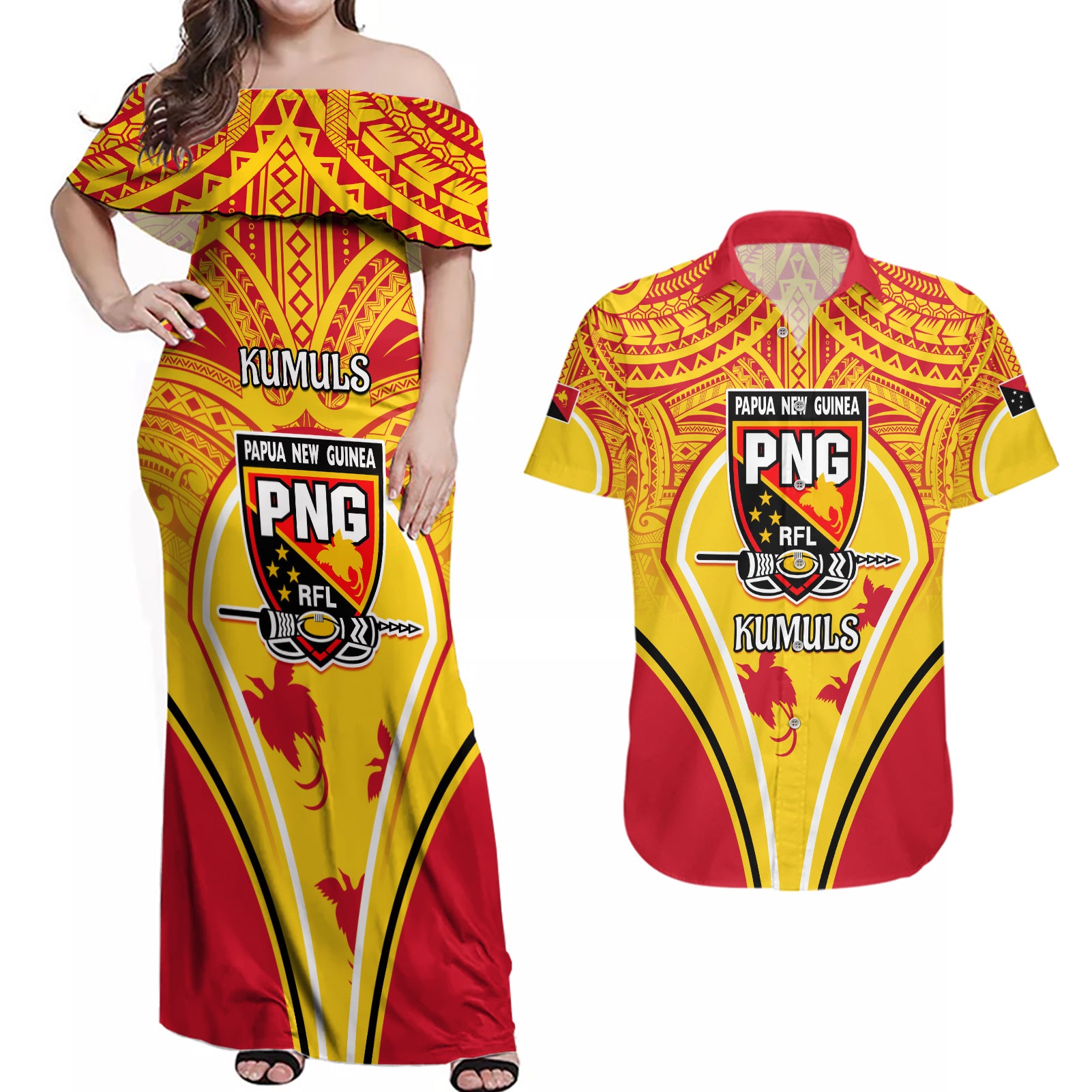 Custom Papua New Guinea Rugby Couples Matching Off Shoulder Maxi Dress and Hawaiian Shirt 2023 Pacific Championships The Kumuls LT05 Yellow - Polynesian Pride