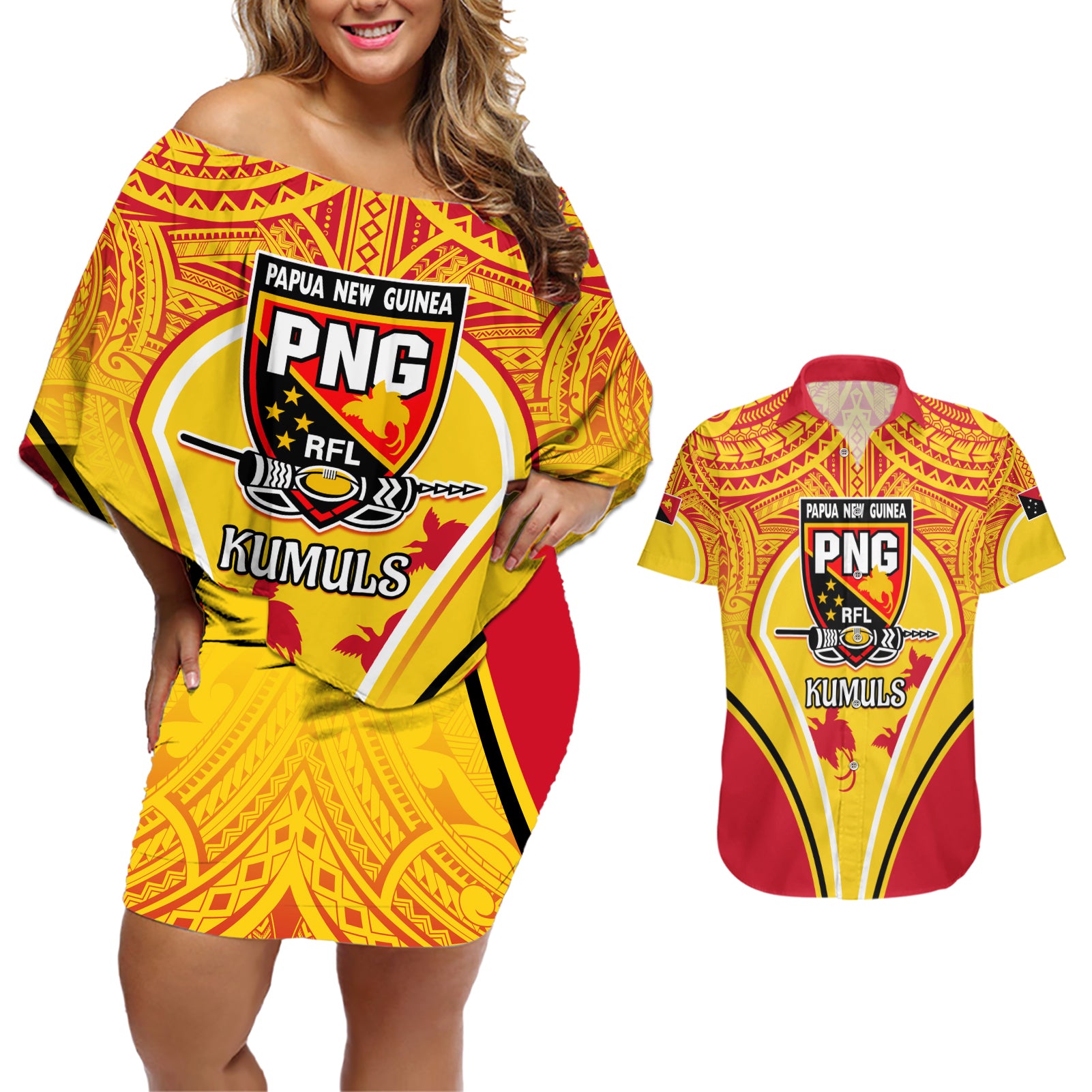 Custom Papua New Guinea Rugby Couples Matching Off Shoulder Short Dress and Hawaiian Shirt 2023 Pacific Championships The Kumuls LT05 Yellow - Polynesian Pride