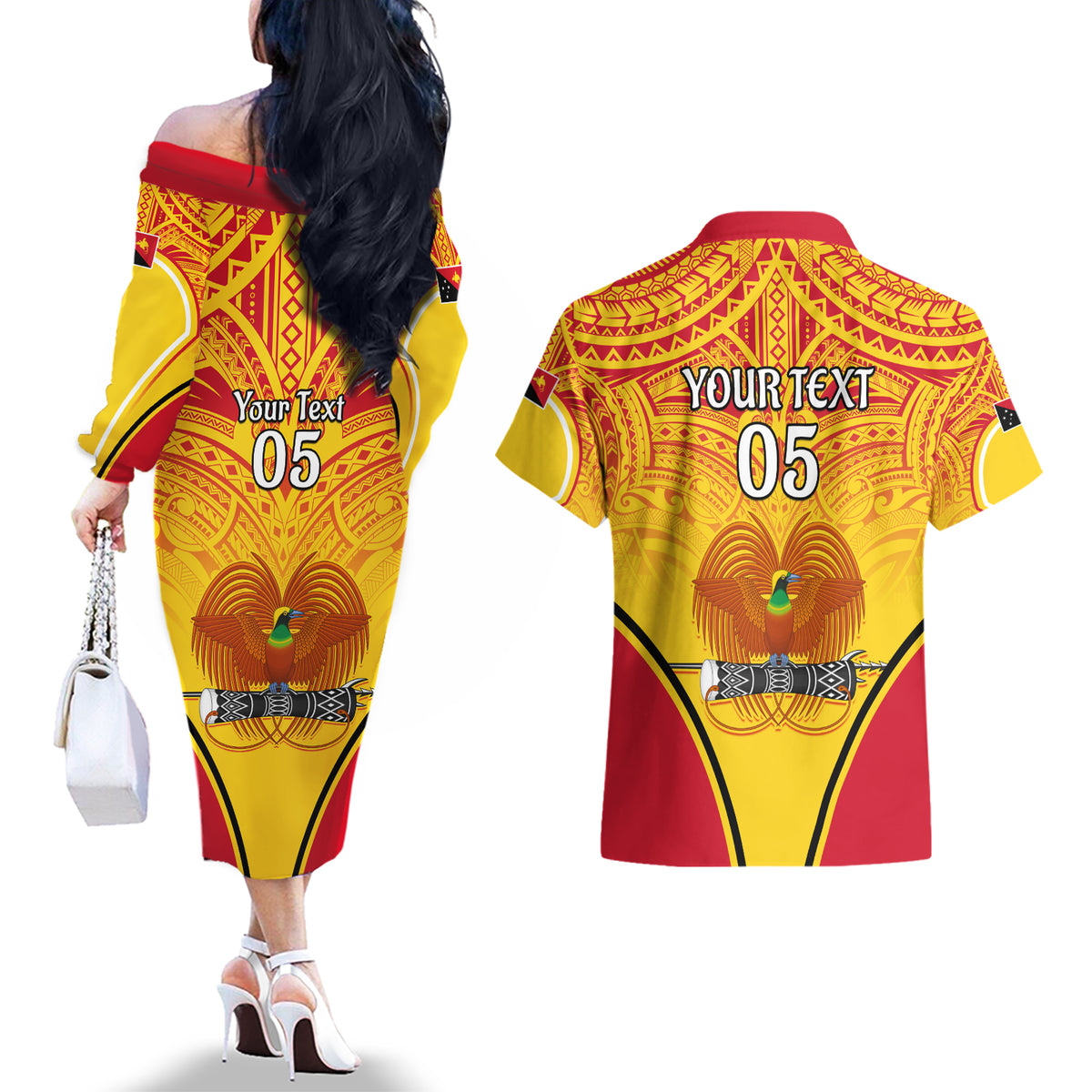 Custom Papua New Guinea Rugby Couples Matching Off The Shoulder Long Sleeve Dress and Hawaiian Shirt 2023 Pacific Championships The Kumuls LT05 - Polynesian Pride