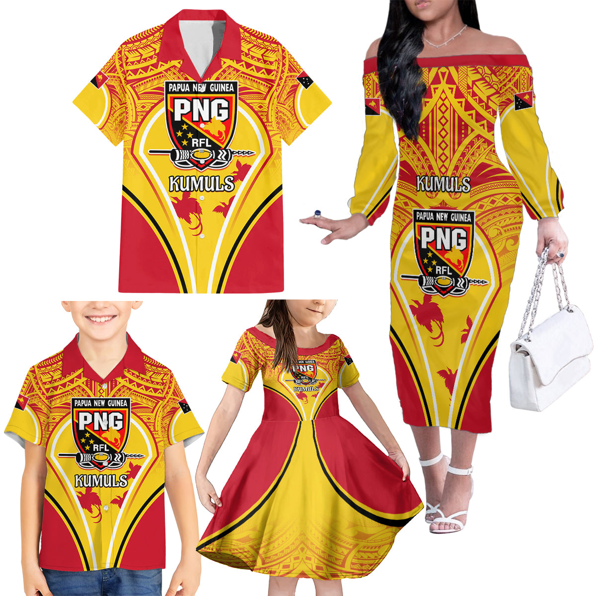 Custom Papua New Guinea Rugby Family Matching Off Shoulder Long Sleeve Dress and Hawaiian Shirt 2023 Pacific Championships The Kumuls LT05 - Polynesian Pride