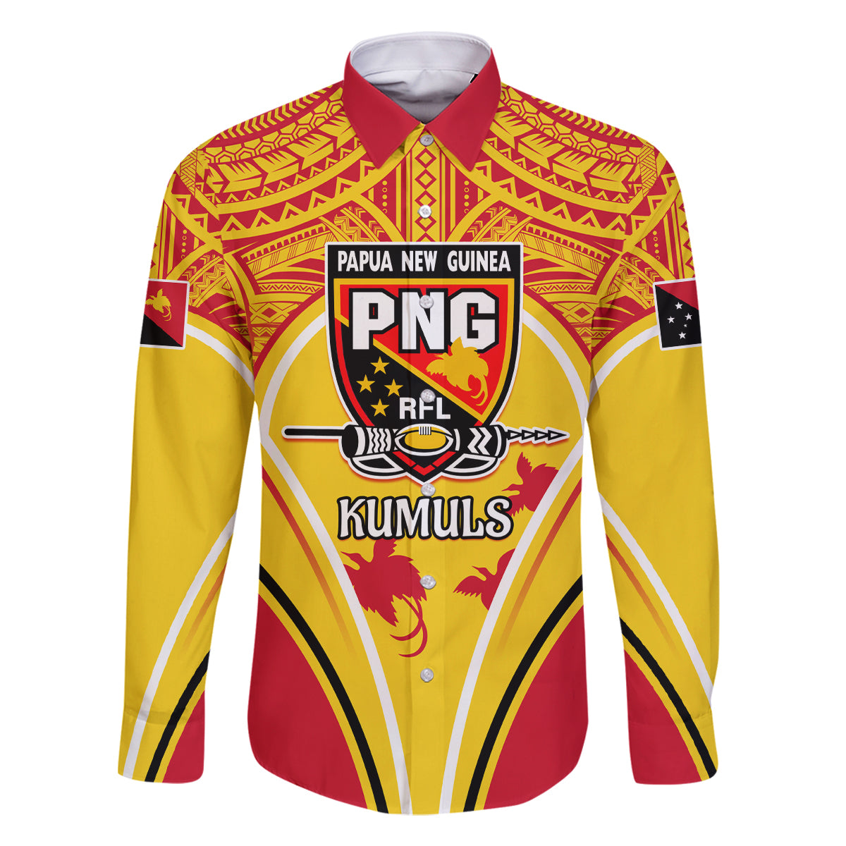 Custom Papua New Guinea Rugby Family Matching Off Shoulder Long Sleeve Dress and Hawaiian Shirt 2023 Pacific Championships The Kumuls LT05 Dad's Shirt - Long Sleeve Yellow - Polynesian Pride