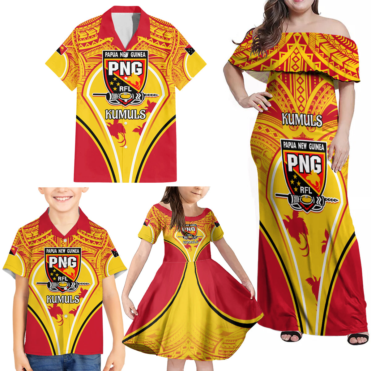 Custom Papua New Guinea Rugby Family Matching Off Shoulder Maxi Dress and Hawaiian Shirt 2023 Pacific Championships The Kumuls LT05 - Polynesian Pride