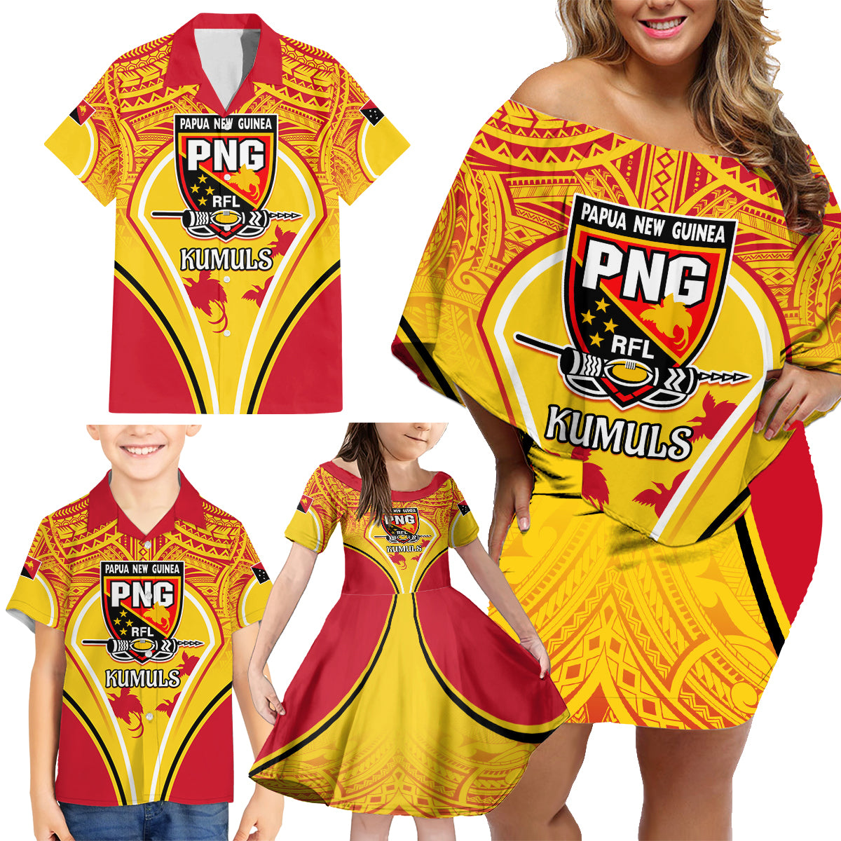 Custom Papua New Guinea Rugby Family Matching Off Shoulder Short Dress and Hawaiian Shirt 2023 Pacific Championships The Kumuls LT05 - Polynesian Pride