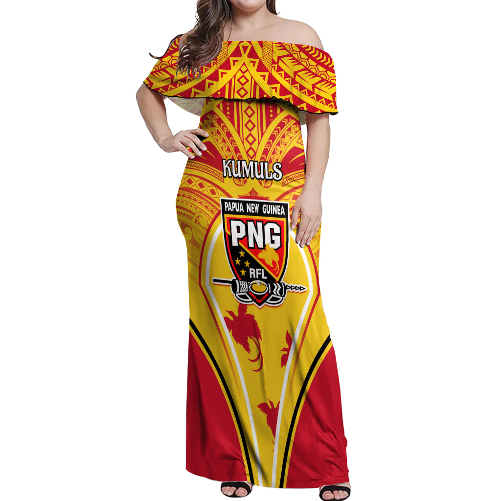 Custom Papua New Guinea Rugby Off Shoulder Maxi Dress 2023 Pacific Championships The Kumuls LT05 Women Yellow - Polynesian Pride