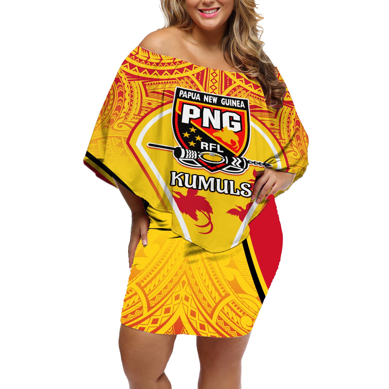 Custom Papua New Guinea Rugby Off Shoulder Short Dress 2023 Pacific Championships The Kumuls LT05 Women Yellow - Polynesian Pride