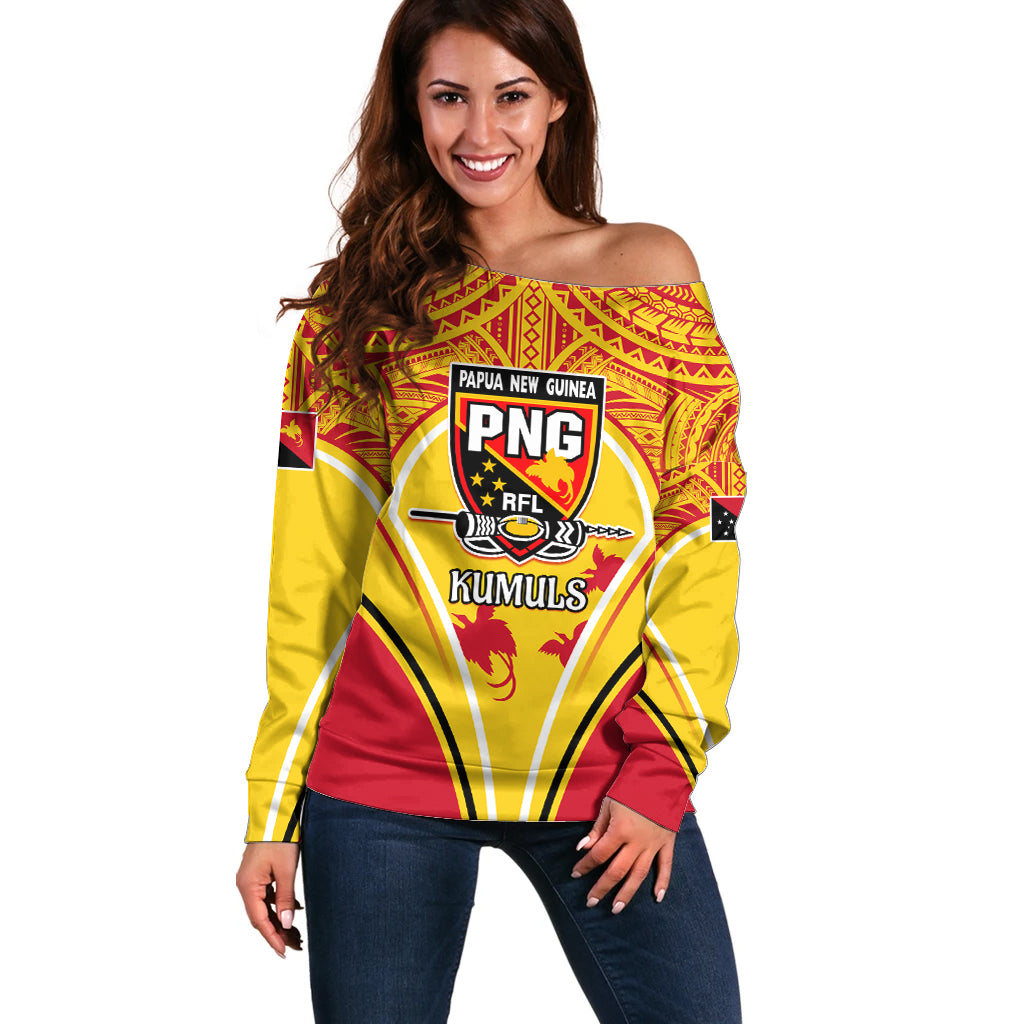 Custom Papua New Guinea Rugby Off Shoulder Sweater 2023 Pacific Championships The Kumuls LT05 Women Yellow - Polynesian Pride