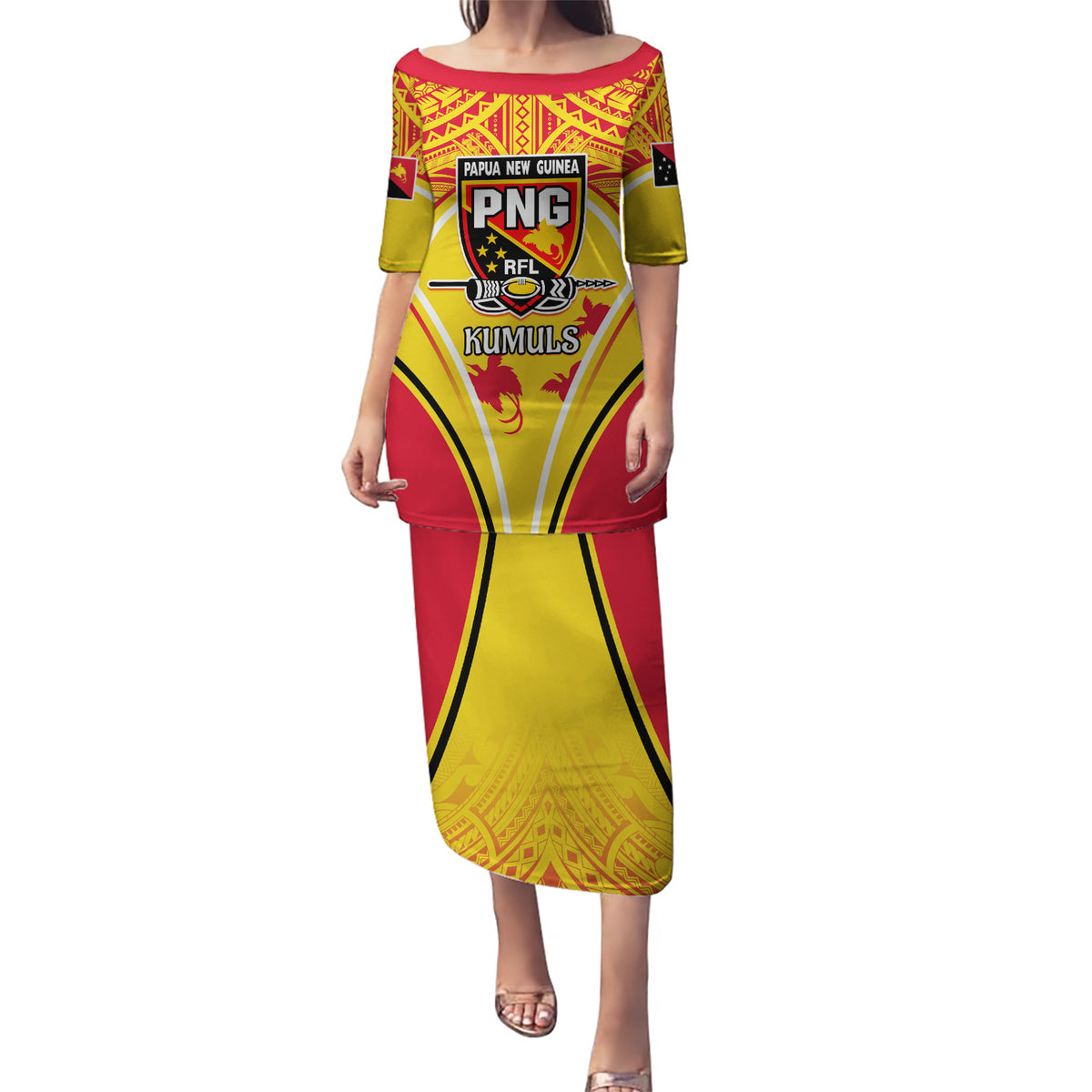 Custom Papua New Guinea Rugby Puletasi 2023 Pacific Championships The Kumuls LT05 Long Dress Yellow - Polynesian Pride