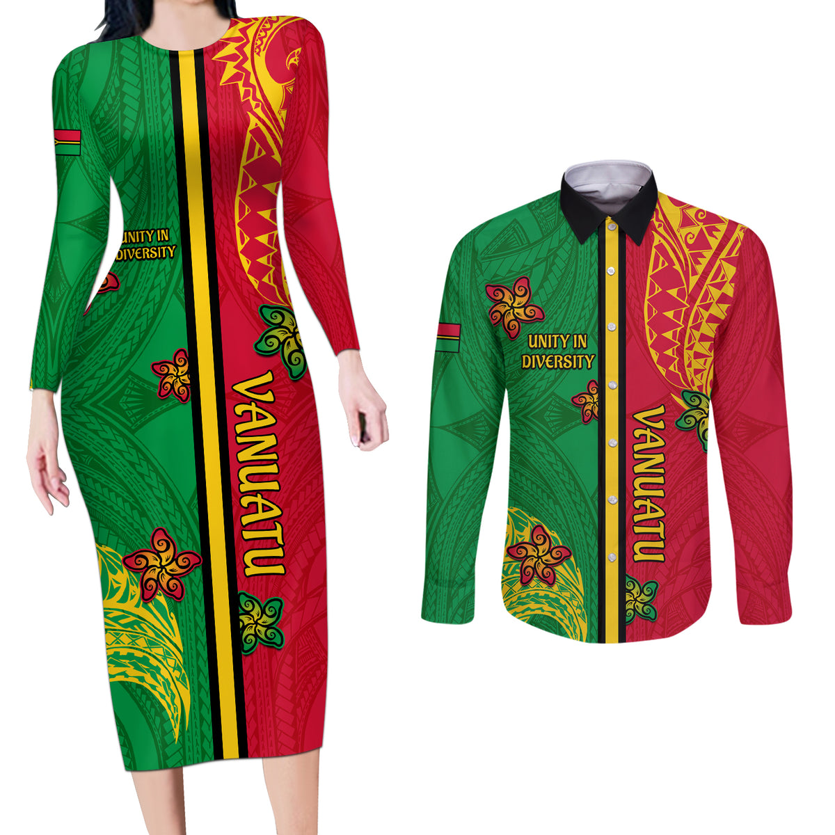 Personalised Vanuatu Happy Unity Day Couples Matching Long Sleeve Bodycon Dress and Long Sleeve Button Shirt Polynesian Plumeria LT05 Red - Polynesian Pride
