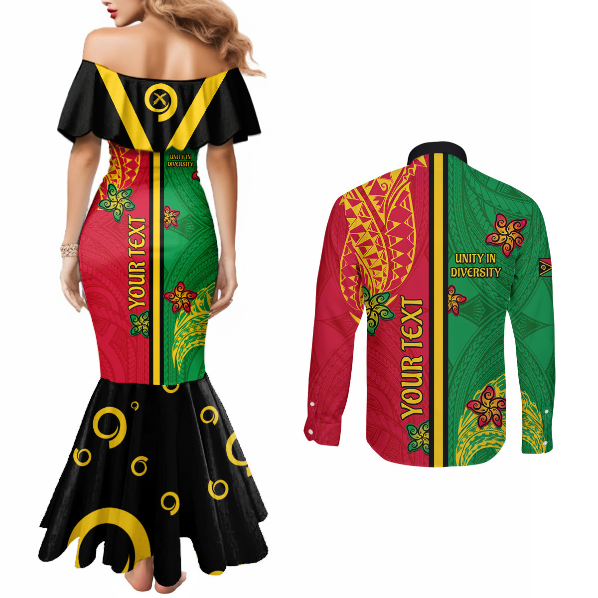 Personalised Vanuatu Happy Unity Day Couples Matching Mermaid Dress and Long Sleeve Button Shirt Polynesian Plumeria LT05 - Polynesian Pride