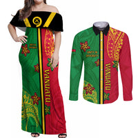 Personalised Vanuatu Happy Unity Day Couples Matching Off Shoulder Maxi Dress and Long Sleeve Button Shirt Polynesian Plumeria LT05 Red - Polynesian Pride