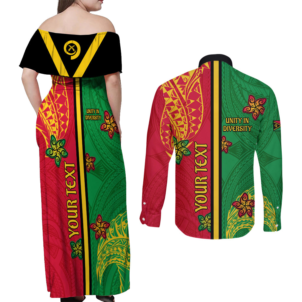 Personalised Vanuatu Happy Unity Day Couples Matching Off Shoulder Maxi Dress and Long Sleeve Button Shirt Polynesian Plumeria LT05 - Polynesian Pride