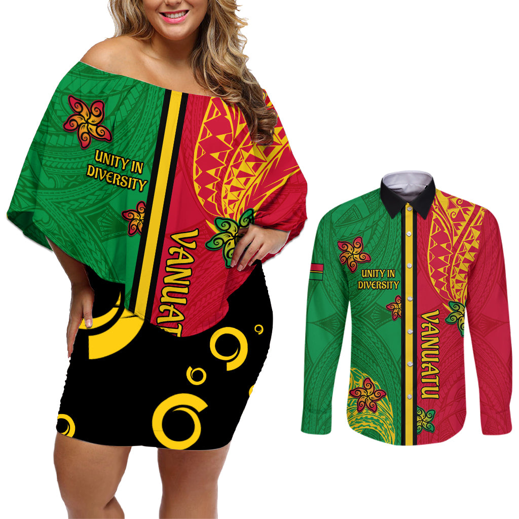 Personalised Vanuatu Happy Unity Day Couples Matching Off Shoulder Short Dress and Long Sleeve Button Shirt Polynesian Plumeria LT05 Red - Polynesian Pride