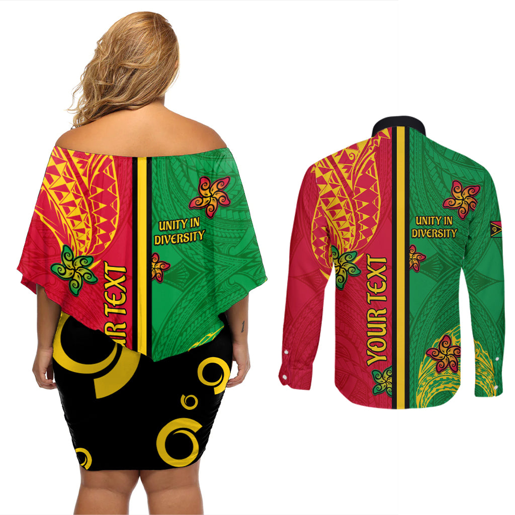Personalised Vanuatu Happy Unity Day Couples Matching Off Shoulder Short Dress and Long Sleeve Button Shirt Polynesian Plumeria LT05 - Polynesian Pride