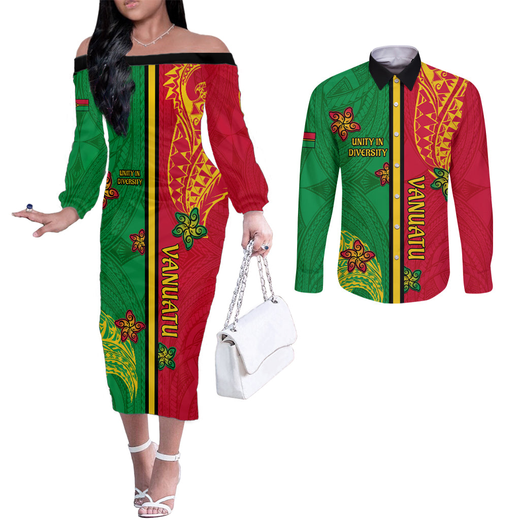 Personalised Vanuatu Happy Unity Day Couples Matching Off The Shoulder Long Sleeve Dress and Long Sleeve Button Shirt Polynesian Plumeria LT05 Red - Polynesian Pride