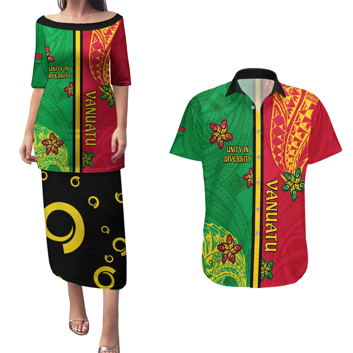 Personalised Vanuatu Happy Unity Day Couples Matching Puletasi Dress and Hawaiian Shirt Polynesian Plumeria LT05 Red - Polynesian Pride