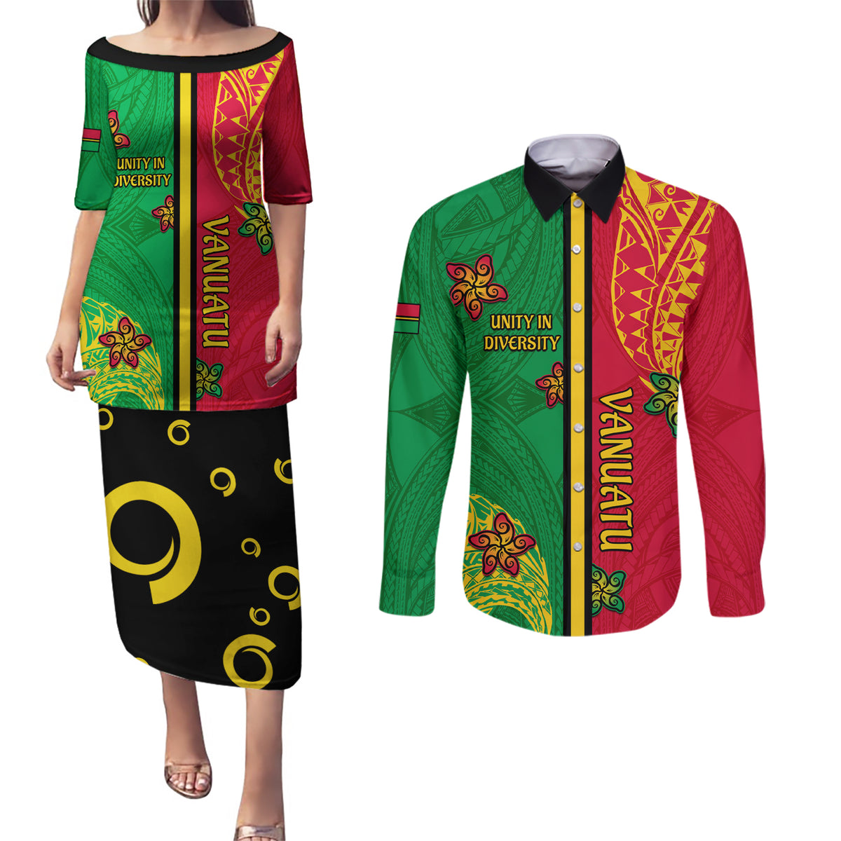 Personalised Vanuatu Happy Unity Day Couples Matching Puletasi Dress and Long Sleeve Button Shirt Polynesian Plumeria LT05 Red - Polynesian Pride