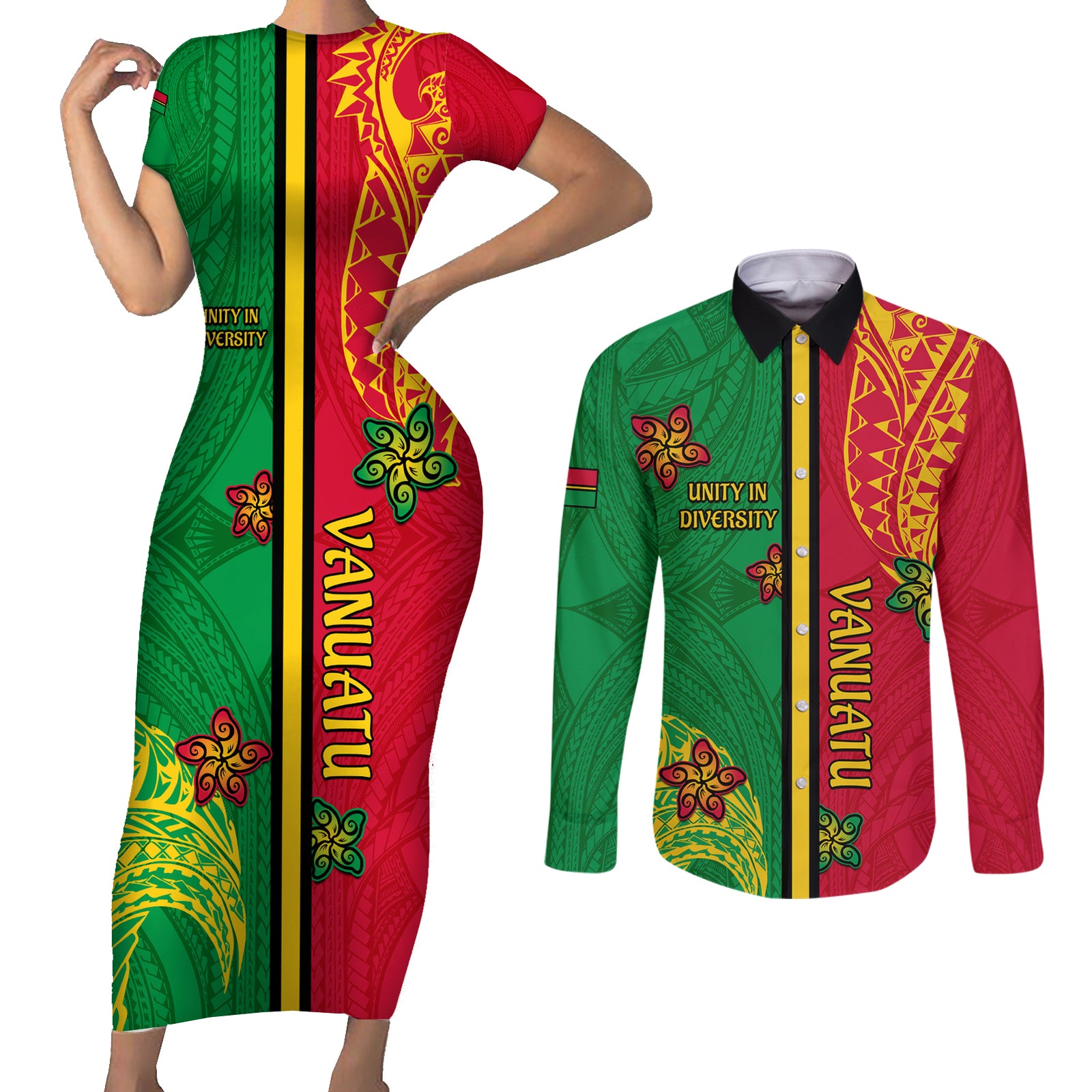 Personalised Vanuatu Happy Unity Day Couples Matching Short Sleeve Bodycon Dress and Long Sleeve Button Shirt Polynesian Plumeria LT05 Red - Polynesian Pride