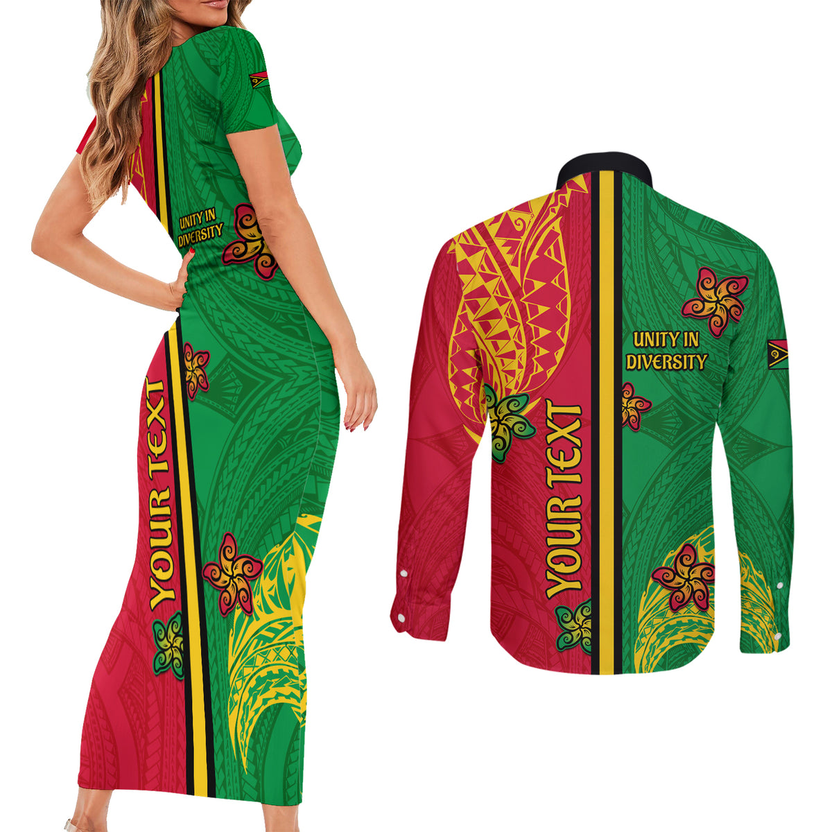 Personalised Vanuatu Happy Unity Day Couples Matching Short Sleeve Bodycon Dress and Long Sleeve Button Shirt Polynesian Plumeria LT05 - Polynesian Pride
