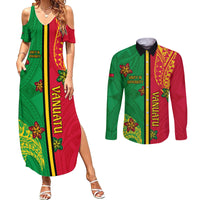 Personalised Vanuatu Happy Unity Day Couples Matching Summer Maxi Dress and Long Sleeve Button Shirt Polynesian Plumeria LT05 Red - Polynesian Pride