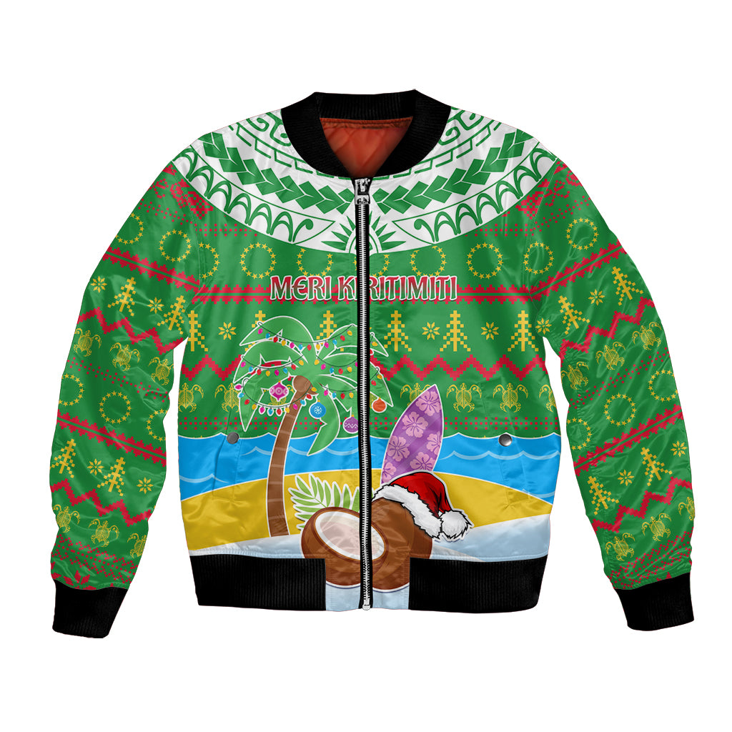 Personalised Cook Islands Christmas Bomber Jacket Coconut Santa Beach Style LT05 Unisex Green - Polynesian Pride