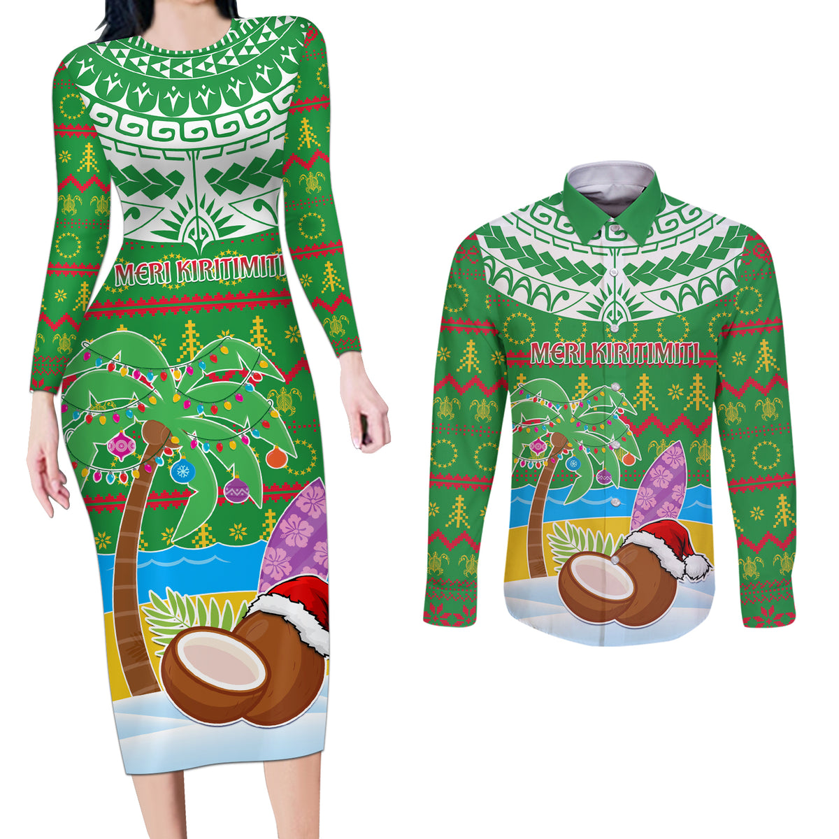 Personalised Cook Islands Christmas Couples Matching Long Sleeve Bodycon Dress and Long Sleeve Button Shirt Coconut Santa Beach Style LT05 Green - Polynesian Pride