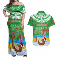 Personalised Cook Islands Christmas Couples Matching Off Shoulder Maxi Dress and Hawaiian Shirt Coconut Santa Beach Style LT05 Green - Polynesian Pride