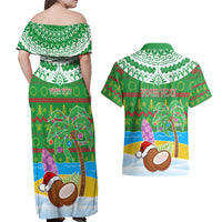 Personalised Cook Islands Christmas Couples Matching Off Shoulder Maxi Dress and Hawaiian Shirt Coconut Santa Beach Style LT05 - Polynesian Pride
