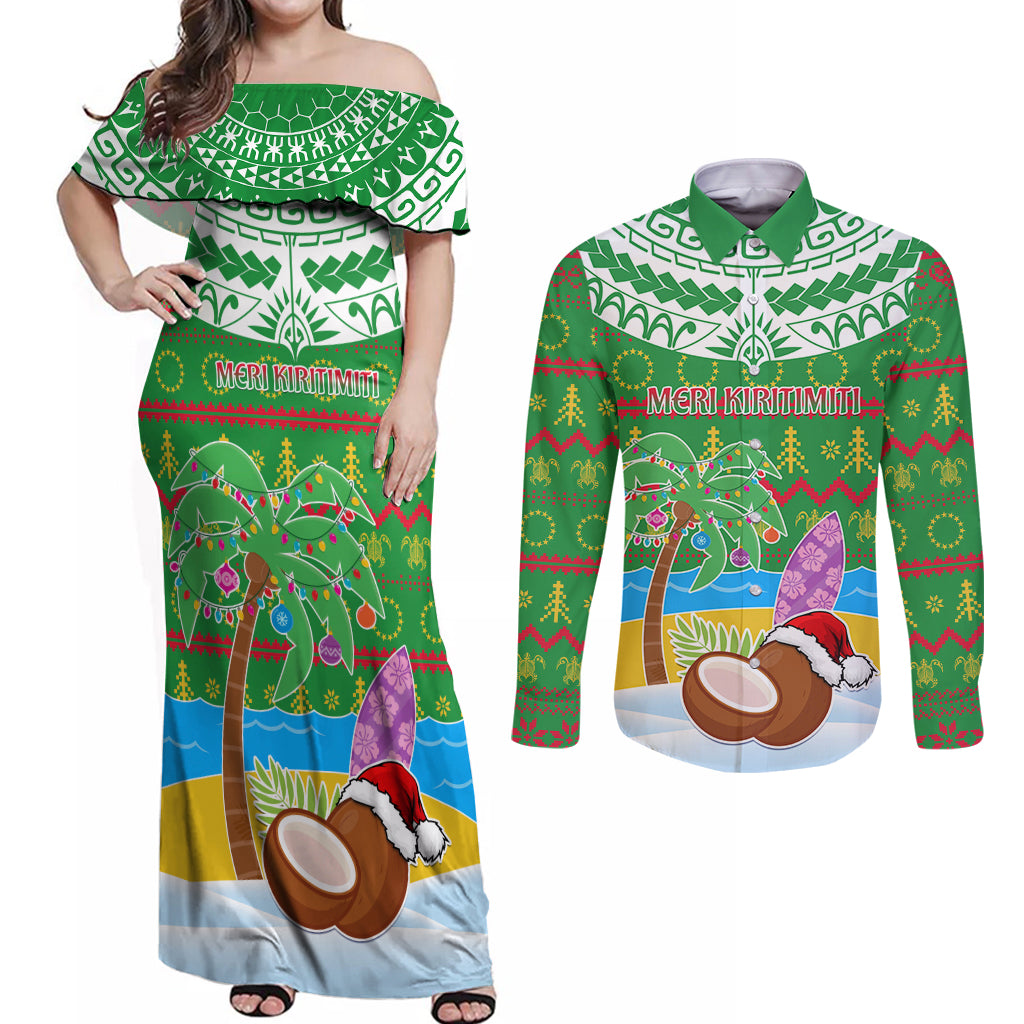 Personalised Cook Islands Christmas Couples Matching Off Shoulder Maxi Dress and Long Sleeve Button Shirt Coconut Santa Beach Style LT05 Green - Polynesian Pride