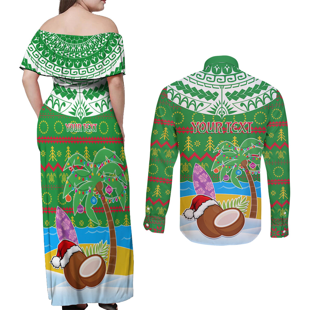 Personalised Cook Islands Christmas Couples Matching Off Shoulder Maxi Dress and Long Sleeve Button Shirt Coconut Santa Beach Style LT05 - Polynesian Pride