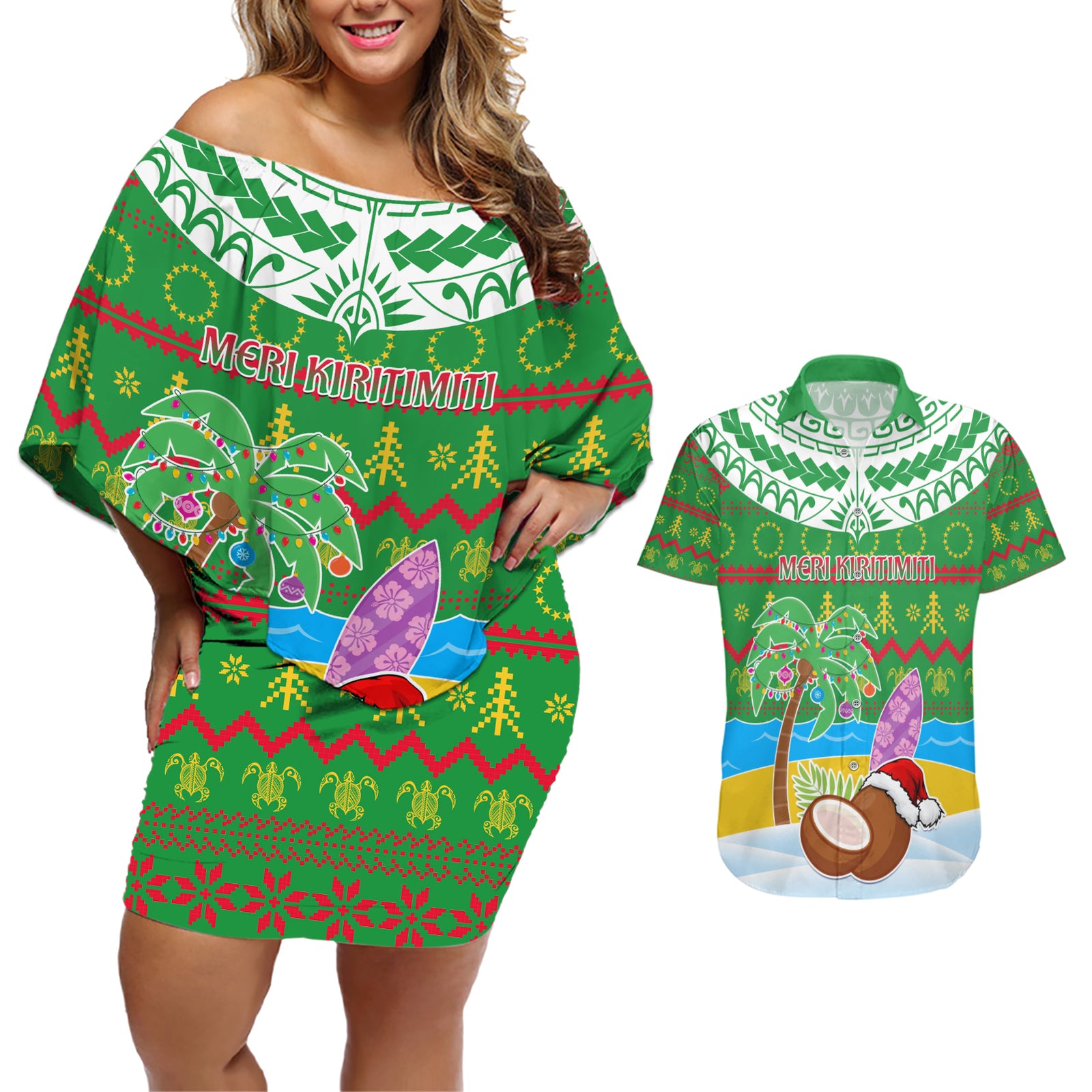 Personalised Cook Islands Christmas Couples Matching Off Shoulder Short Dress and Hawaiian Shirt Coconut Santa Beach Style LT05 Green - Polynesian Pride