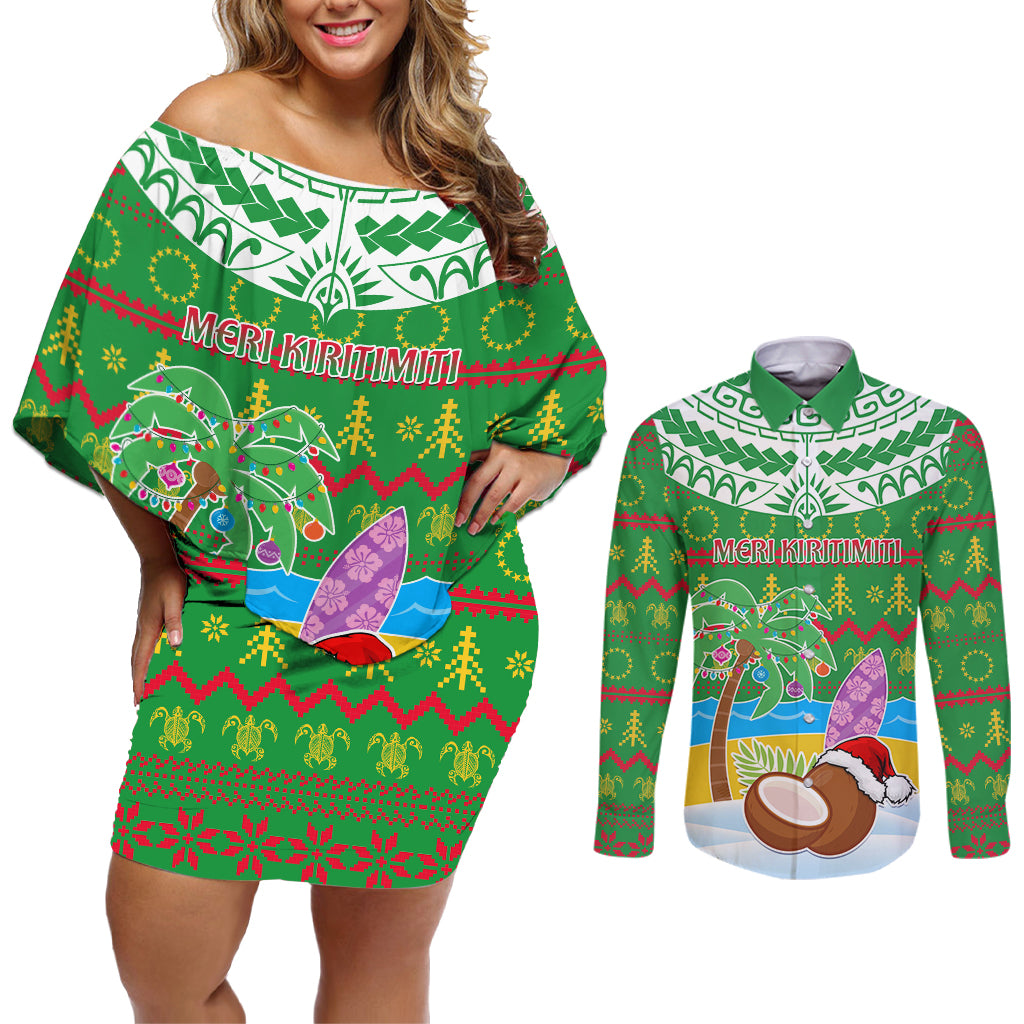 Personalised Cook Islands Christmas Couples Matching Off Shoulder Short Dress and Long Sleeve Button Shirt Coconut Santa Beach Style LT05 Green - Polynesian Pride