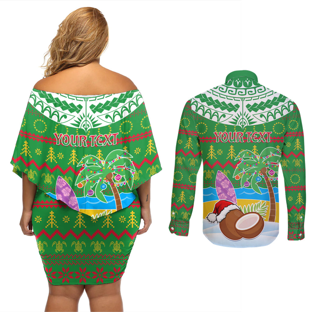 Personalised Cook Islands Christmas Couples Matching Off Shoulder Short Dress and Long Sleeve Button Shirt Coconut Santa Beach Style LT05 - Polynesian Pride