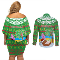 Personalised Cook Islands Christmas Couples Matching Off Shoulder Short Dress and Long Sleeve Button Shirt Coconut Santa Beach Style LT05 - Polynesian Pride