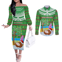 Personalised Cook Islands Christmas Couples Matching Off The Shoulder Long Sleeve Dress and Long Sleeve Button Shirt Coconut Santa Beach Style LT05 Green - Polynesian Pride