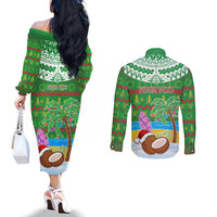 Personalised Cook Islands Christmas Couples Matching Off The Shoulder Long Sleeve Dress and Long Sleeve Button Shirt Coconut Santa Beach Style LT05 - Polynesian Pride