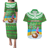 Personalised Cook Islands Christmas Couples Matching Puletasi Dress and Hawaiian Shirt Coconut Santa Beach Style LT05 Green - Polynesian Pride
