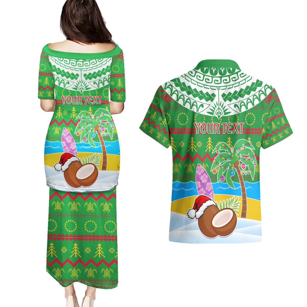 Personalised Cook Islands Christmas Couples Matching Puletasi Dress and Hawaiian Shirt Coconut Santa Beach Style LT05 - Polynesian Pride