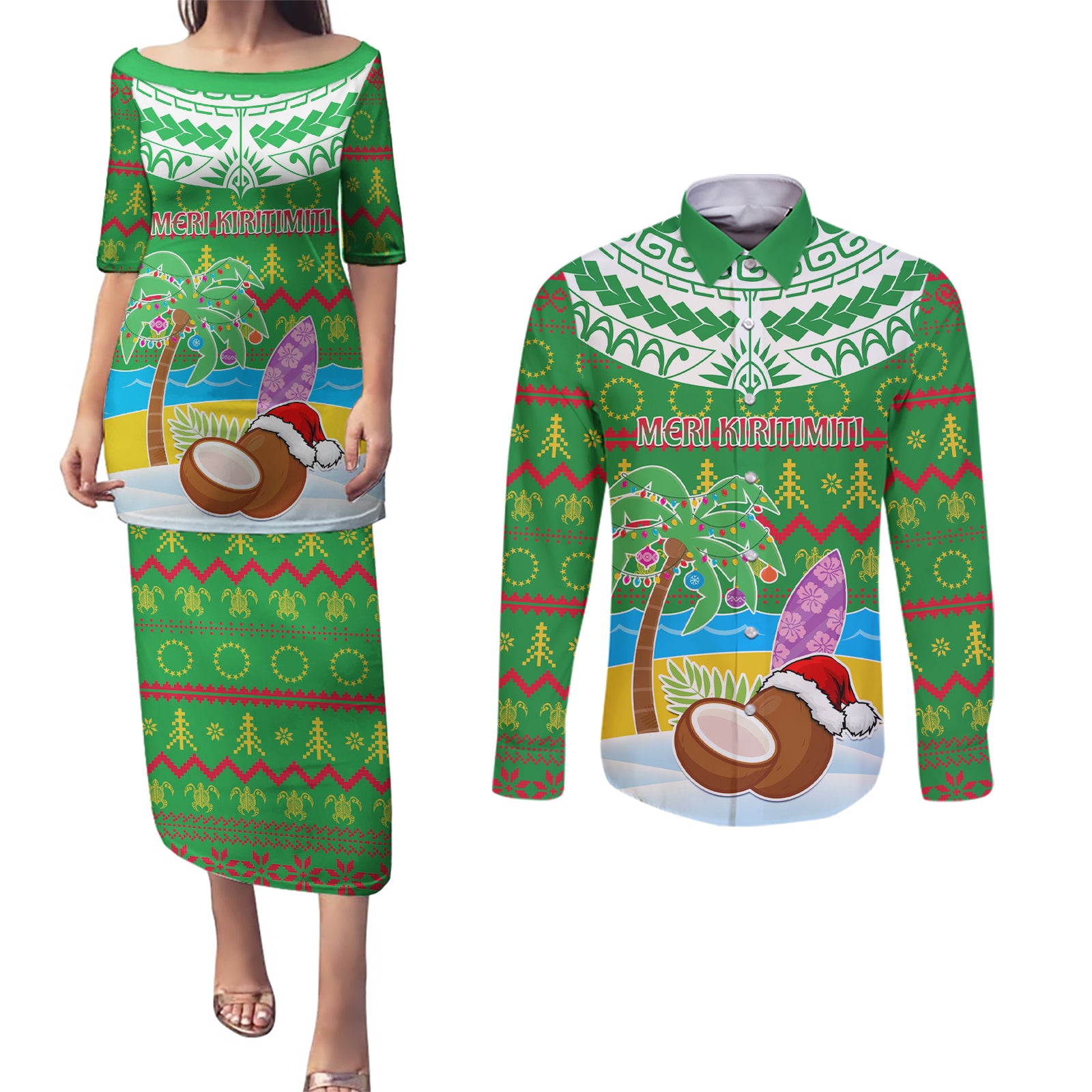 Personalised Cook Islands Christmas Couples Matching Puletasi Dress and Long Sleeve Button Shirt Coconut Santa Beach Style LT05 Green - Polynesian Pride