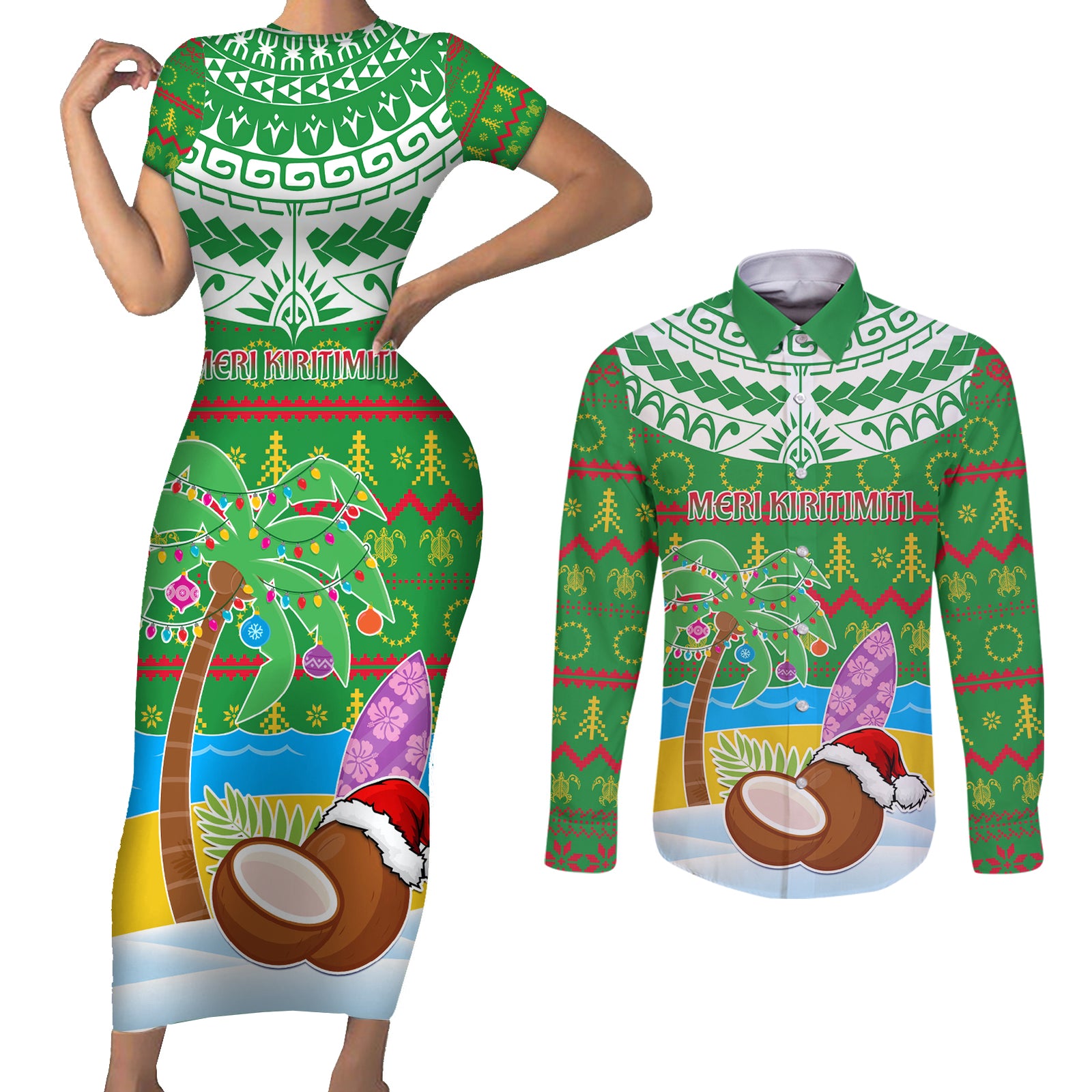 Personalised Cook Islands Christmas Couples Matching Short Sleeve Bodycon Dress and Long Sleeve Button Shirt Coconut Santa Beach Style LT05 Green - Polynesian Pride