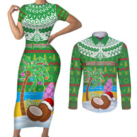 Personalised Cook Islands Christmas Couples Matching Short Sleeve Bodycon Dress and Long Sleeve Button Shirt Coconut Santa Beach Style LT05 Green - Polynesian Pride