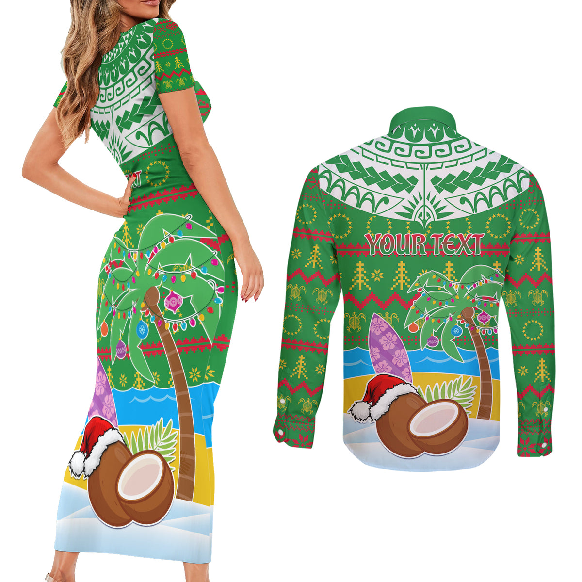 Personalised Cook Islands Christmas Couples Matching Short Sleeve Bodycon Dress and Long Sleeve Button Shirt Coconut Santa Beach Style LT05 - Polynesian Pride