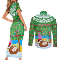Personalised Cook Islands Christmas Couples Matching Short Sleeve Bodycon Dress and Long Sleeve Button Shirt Coconut Santa Beach Style LT05 - Polynesian Pride