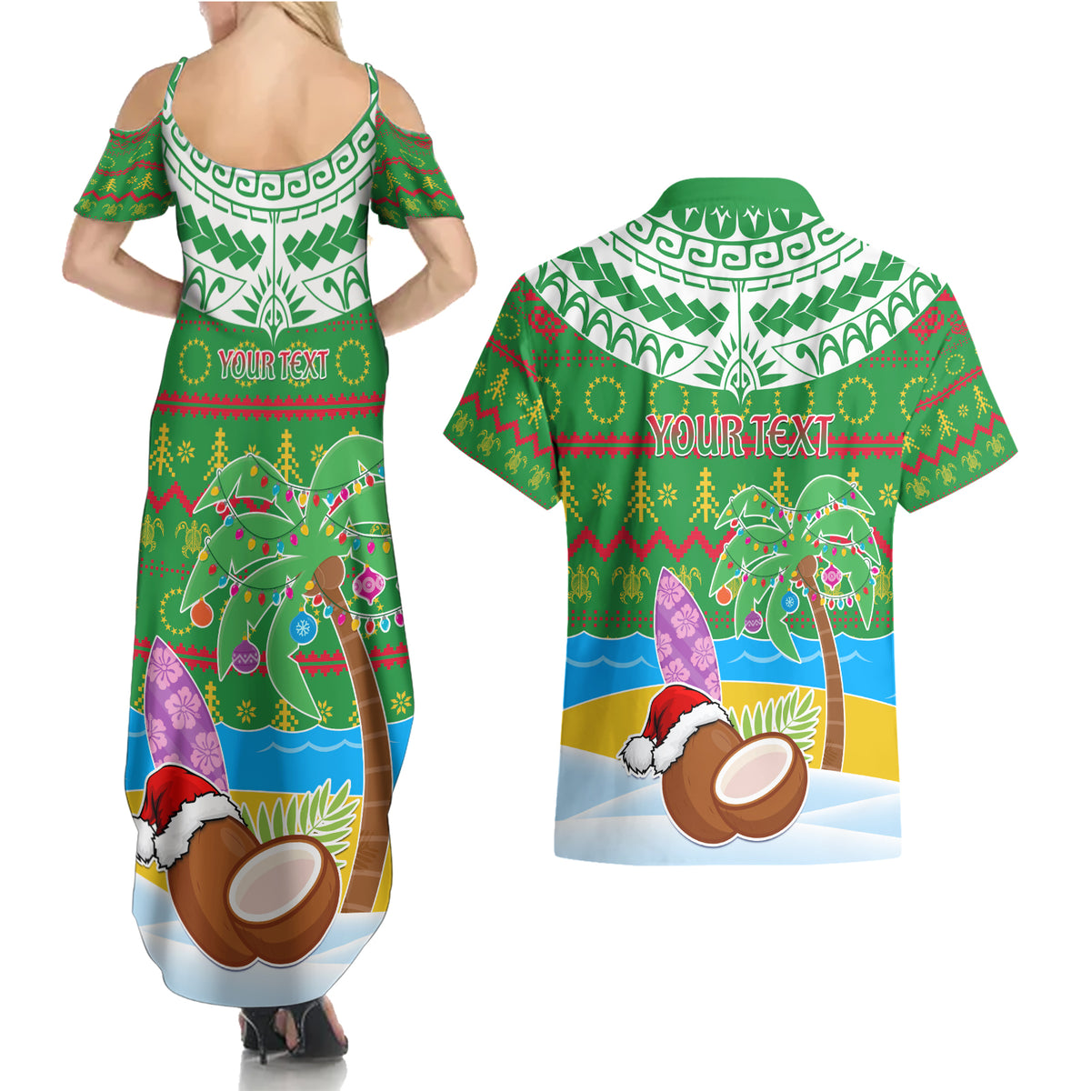 Personalised Cook Islands Christmas Couples Matching Summer Maxi Dress and Hawaiian Shirt Coconut Santa Beach Style LT05 - Polynesian Pride