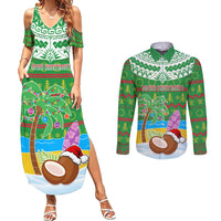 Personalised Cook Islands Christmas Couples Matching Summer Maxi Dress and Long Sleeve Button Shirt Coconut Santa Beach Style LT05 Green - Polynesian Pride