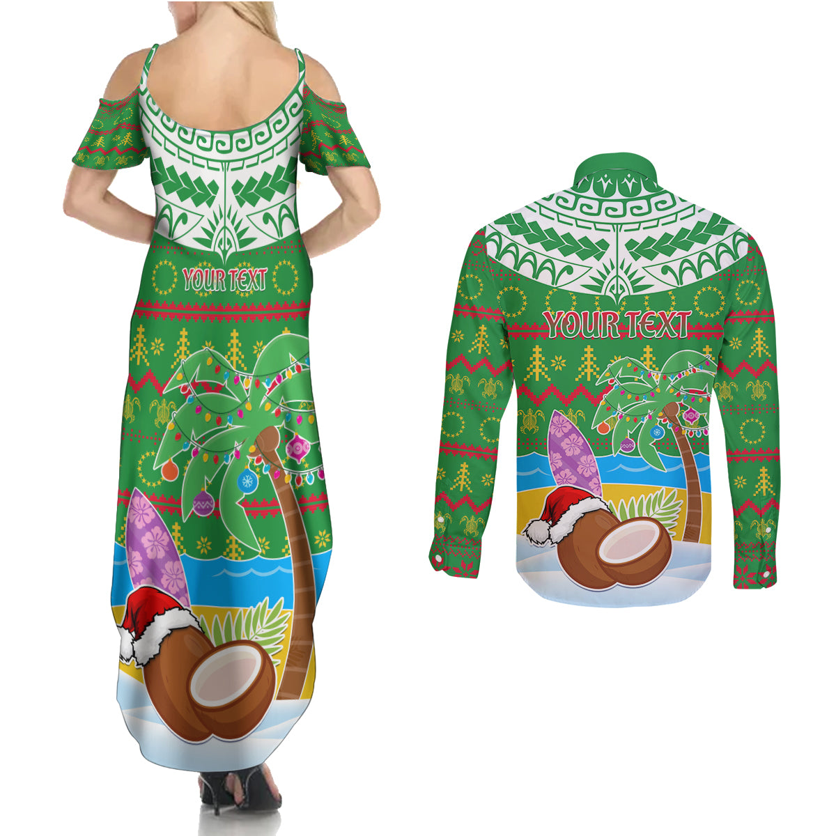Personalised Cook Islands Christmas Couples Matching Summer Maxi Dress and Long Sleeve Button Shirt Coconut Santa Beach Style LT05 - Polynesian Pride