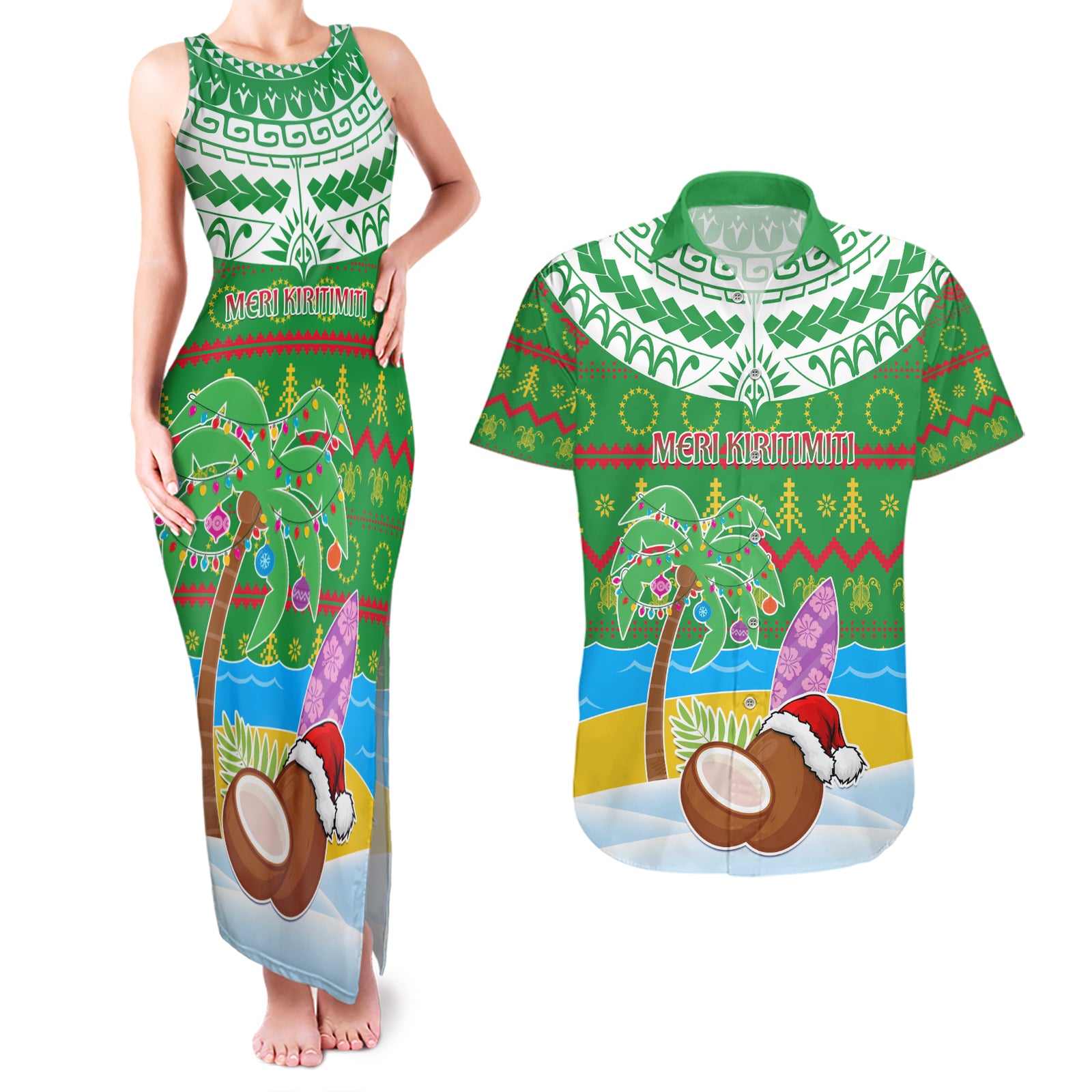 Personalised Cook Islands Christmas Couples Matching Tank Maxi Dress and Hawaiian Shirt Coconut Santa Beach Style LT05 Green - Polynesian Pride