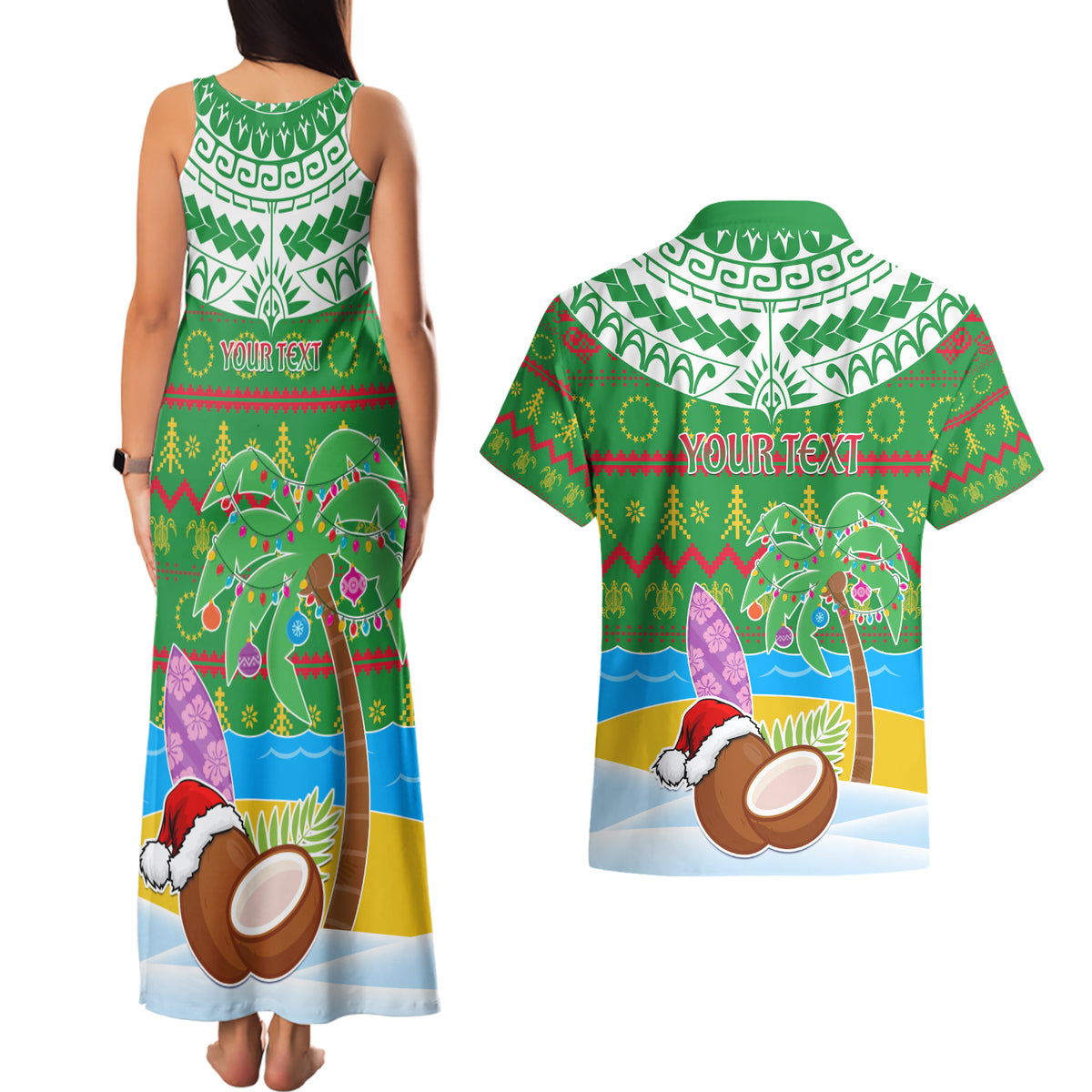 Personalised Cook Islands Christmas Couples Matching Tank Maxi Dress and Hawaiian Shirt Coconut Santa Beach Style LT05 - Polynesian Pride