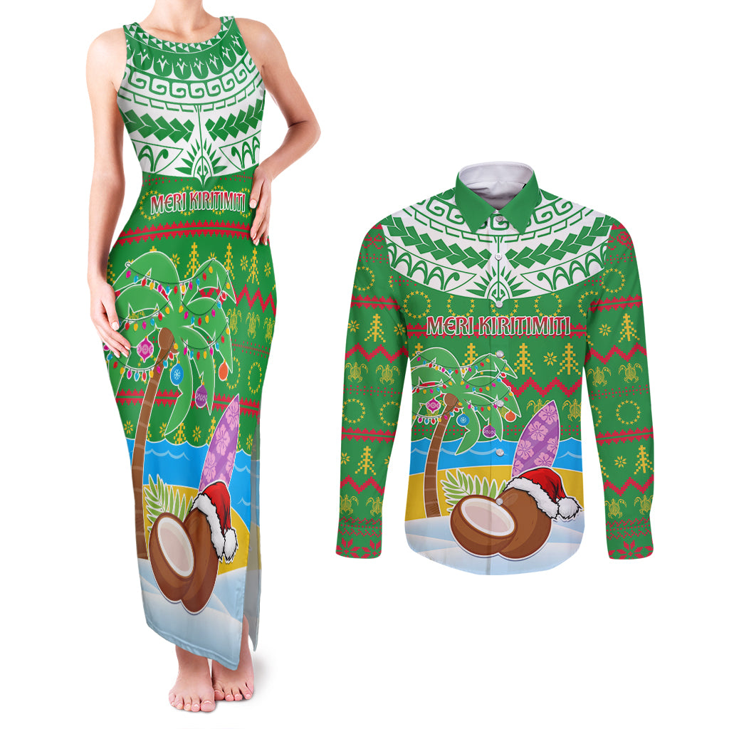 Personalised Cook Islands Christmas Couples Matching Tank Maxi Dress and Long Sleeve Button Shirt Coconut Santa Beach Style LT05 Green - Polynesian Pride
