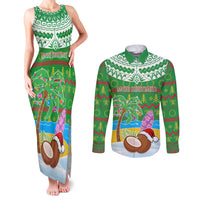 Personalised Cook Islands Christmas Couples Matching Tank Maxi Dress and Long Sleeve Button Shirt Coconut Santa Beach Style LT05 Green - Polynesian Pride