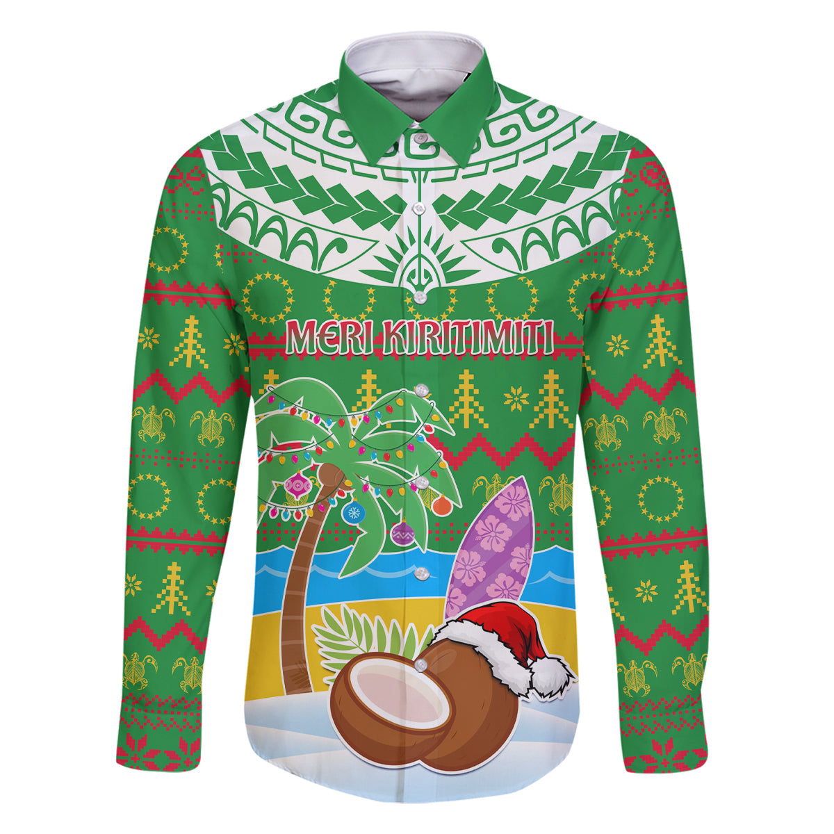 Personalised Cook Islands Christmas Family Matching Long Sleeve Bodycon Dress and Hawaiian Shirt Coconut Santa Beach Style LT05 Dad's Shirt - Long Sleeve Green - Polynesian Pride
